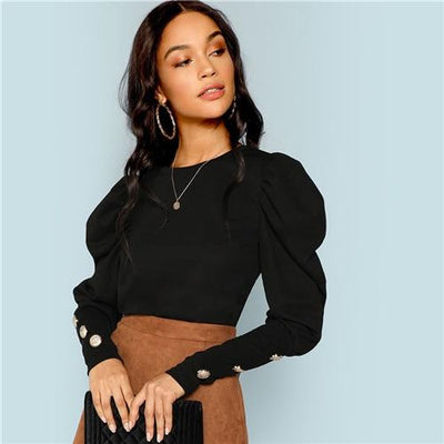 Black Elegant Office Lady Puff Sleeve With Buttons