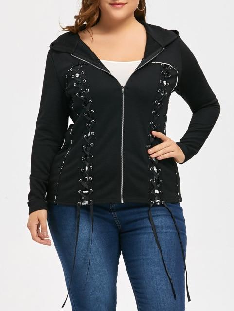 Women Double Lace-Up Plus Size Zip Up Hooded Coat