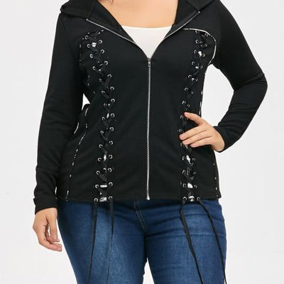Women Double Lace-Up Plus Size Zip Up Hooded Coat