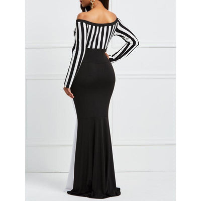 Elegant Women Off Shoulder Long Sleeve Stripes Color Dress
