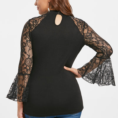 Plus Size Sheer Lace Insert Cut Out Lace Up T-Shirt