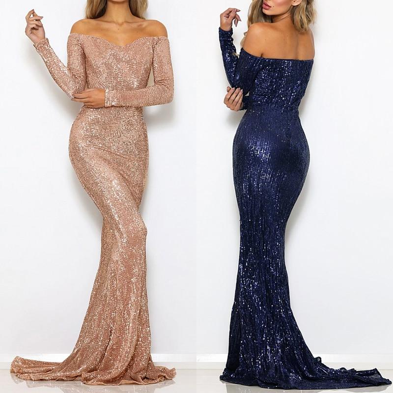 Champagne Gold Navy Blue Sequined Maxi Dress