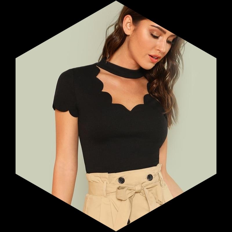 Black Elegant Mock Neck Scallop Trim Shirt