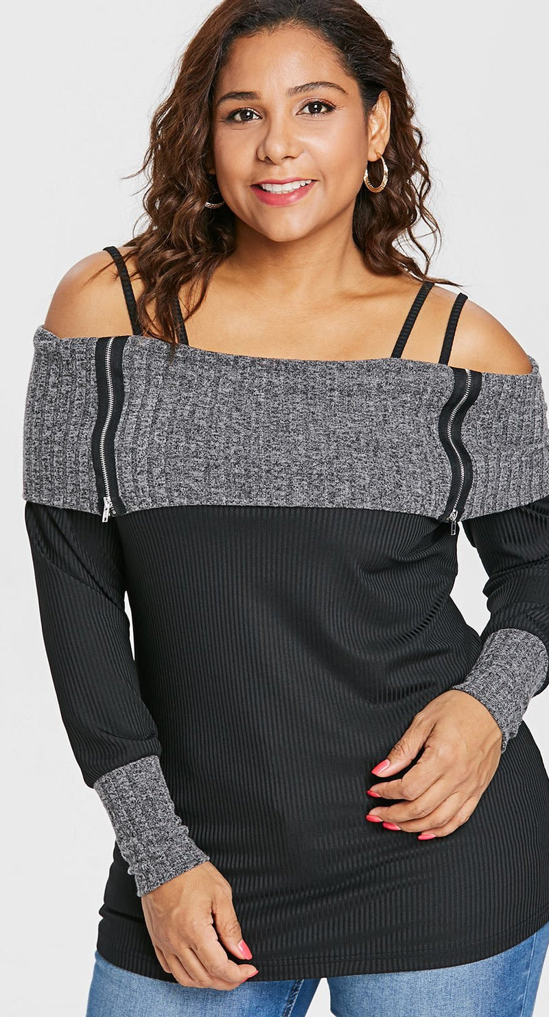 Plus Size Open Shoulder Long Sleeve T-Shirt Zippers