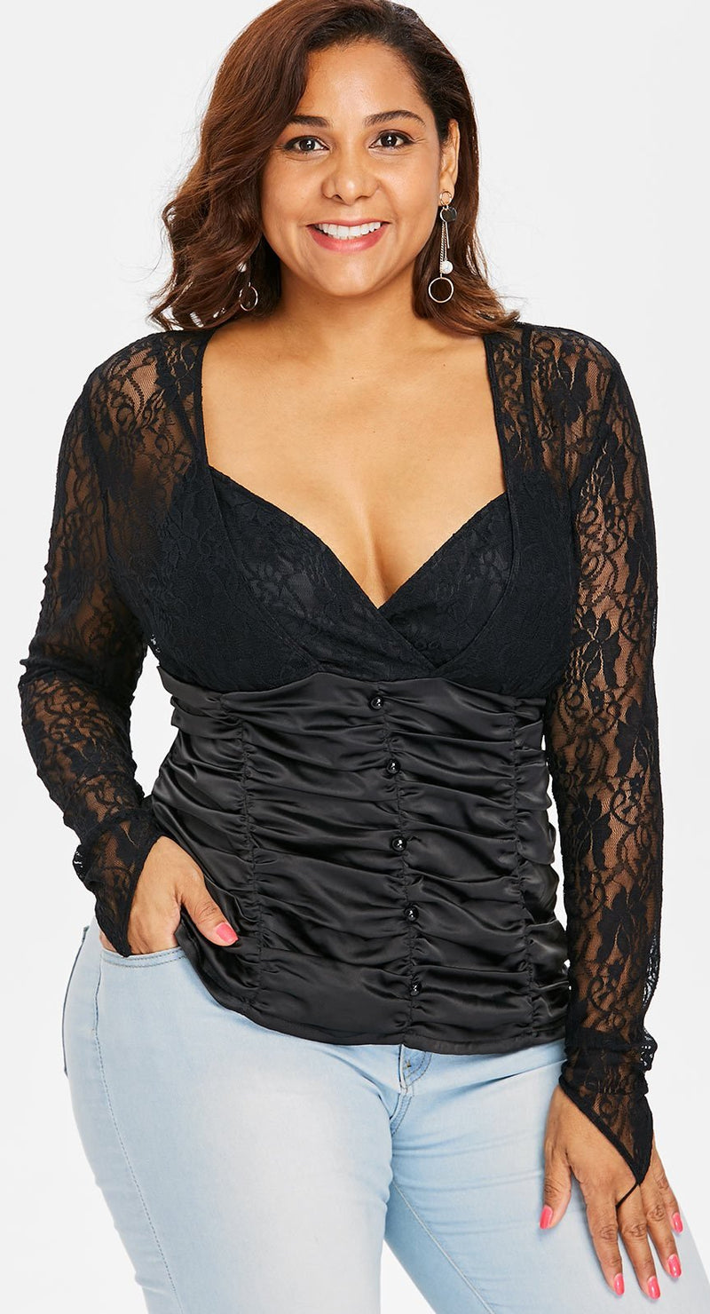 Plus Size Women Embellished Lace Panel Ruched T-Shirt