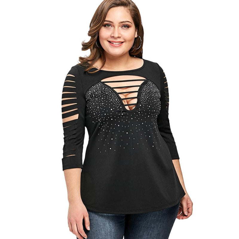 Women Plus Size Ladder Shredding T-shirt