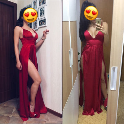 Sexy Red Satin V Neck Padded Maxi Dress
