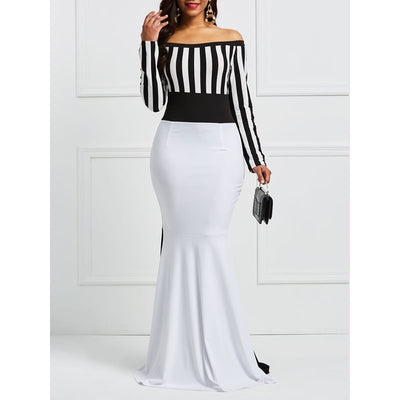Elegant Women Off Shoulder Long Sleeve Stripes Color Dress