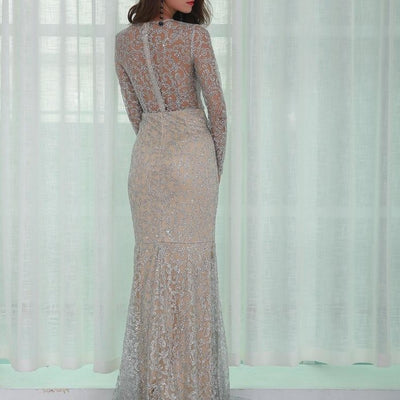 Sexy O Neck Long Sleeve Pattern  Glitter Evening Dress