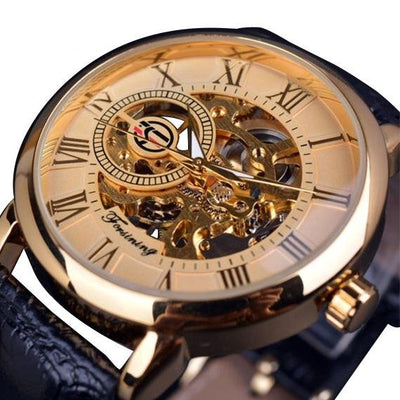 3d Logo Design Hollow Engraving Black Gold Case Leather Watch