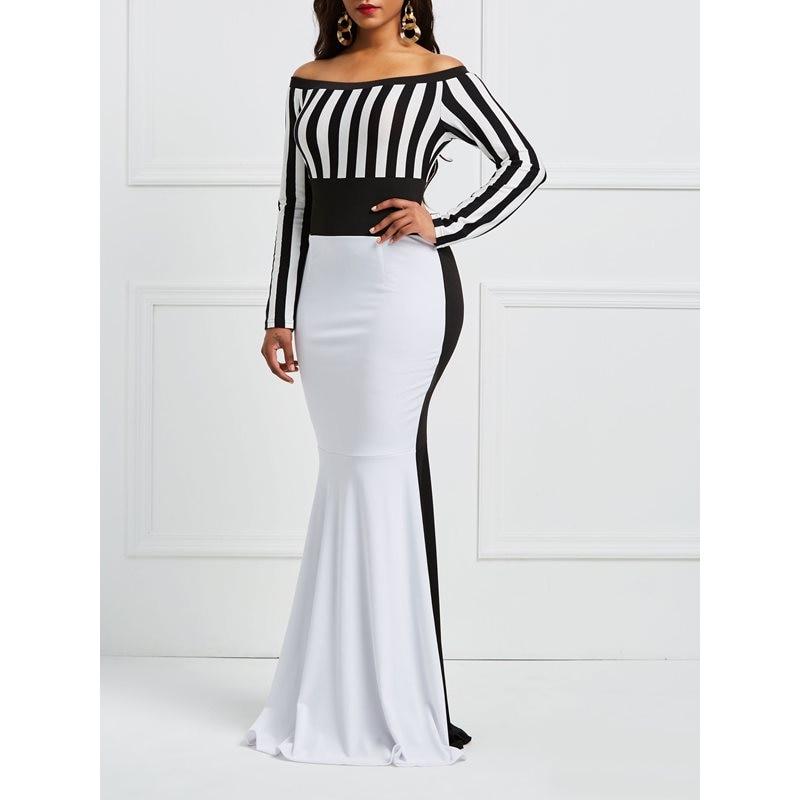 Elegant Women Off Shoulder Long Sleeve Stripes Color Dress