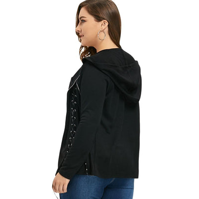 Women Double Lace-Up Plus Size Zip Up Hooded Coat