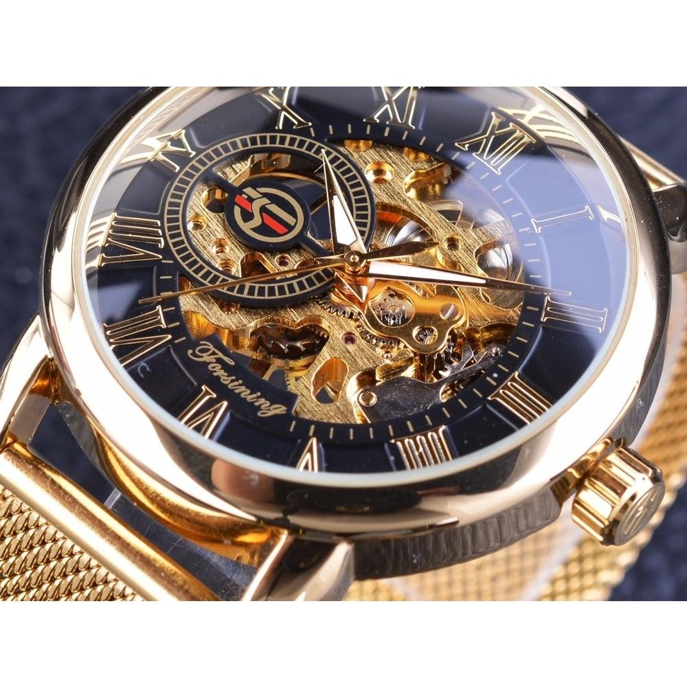 Transparent Case Fashion 3D Logo Engraving Golden Watch