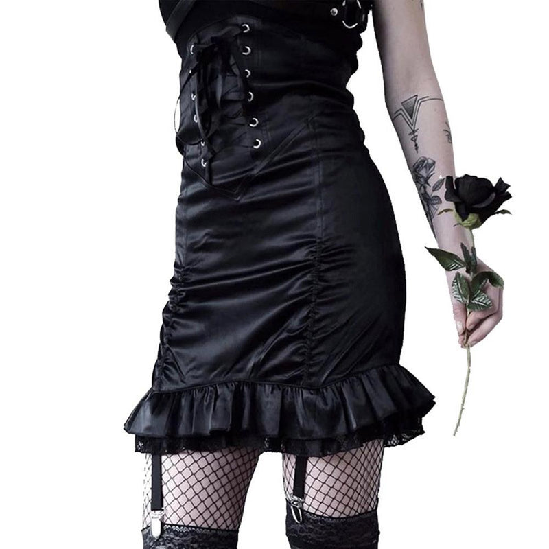 Gothic Bodycon Elegant Lace Bandage Pleated Zipper High Waist Skirt