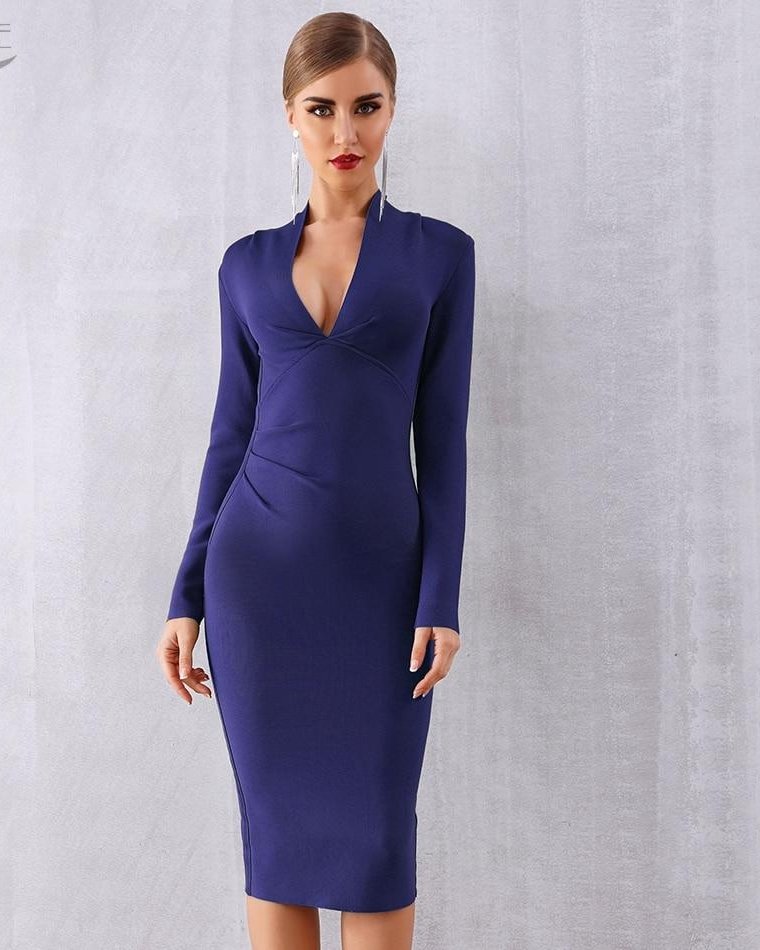 Women  Bandage Dress Sexy Long Sleeve With Deep V Neckline  Club Celebrity Party Dress