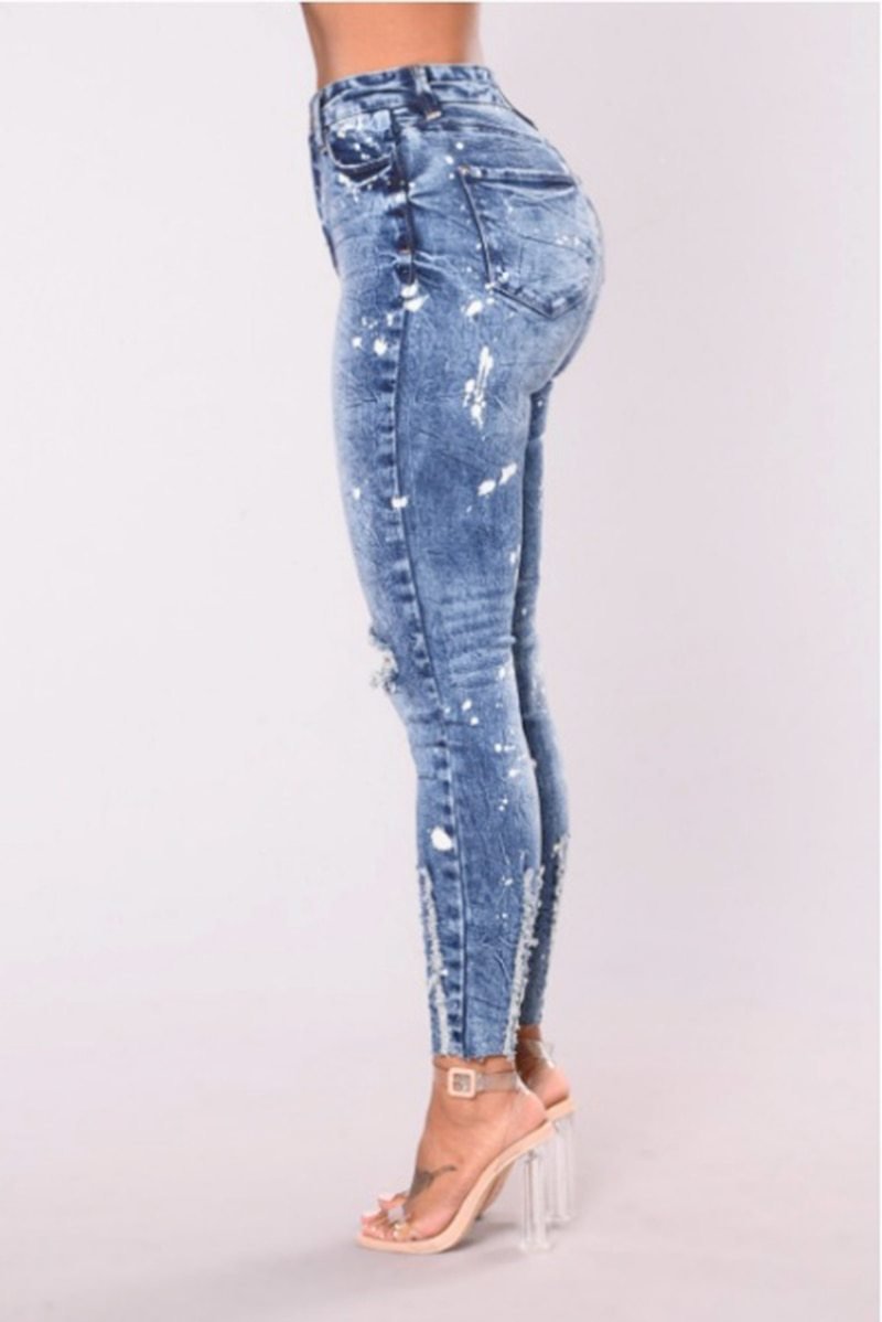 ripped High Waist Skinny Pencil Blue Denim Pants