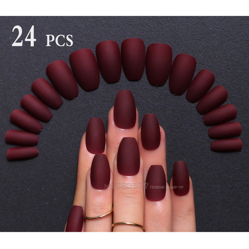 Matte burgundy Coffin False nails