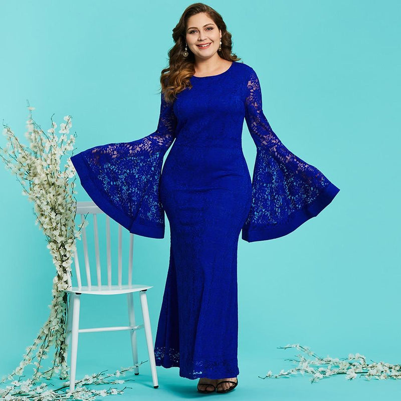 Royal blue round neck plus size evening dress