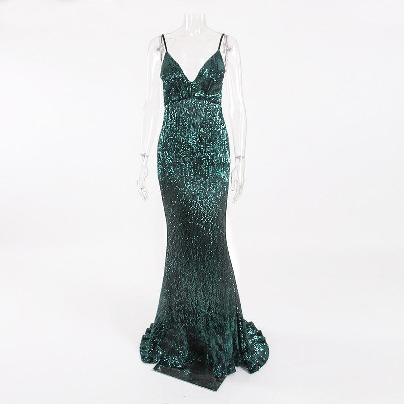 Shiny Green Sequined V Neck Maxi Dress Backless Maxi Sequin Dress