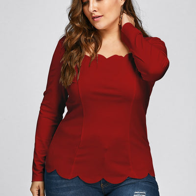 Women Plus Scalloped Square Neck Long Sleeve Top