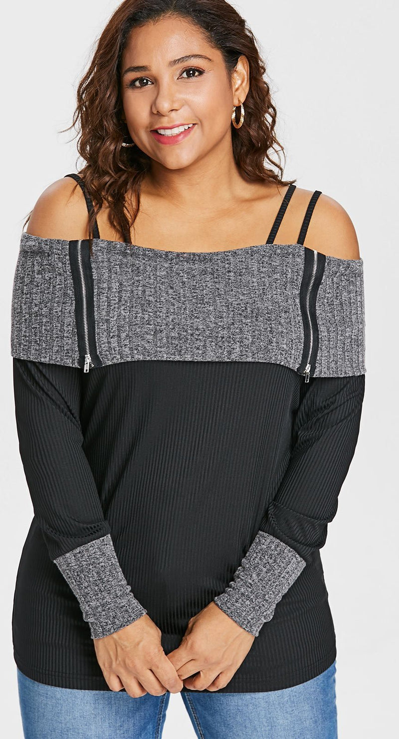 Plus Size Open Shoulder Long Sleeve T-Shirt Zippers