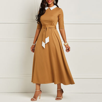 Lace Up Pleated England Style Vintage Office Ladies Dress