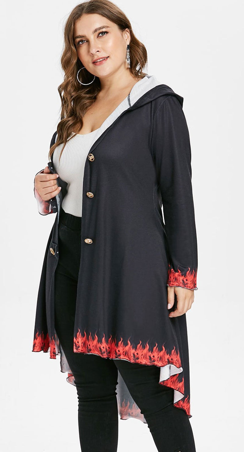 Plus Size 3D Pattern Fire Print Buttoned High Low Hoodie Coat