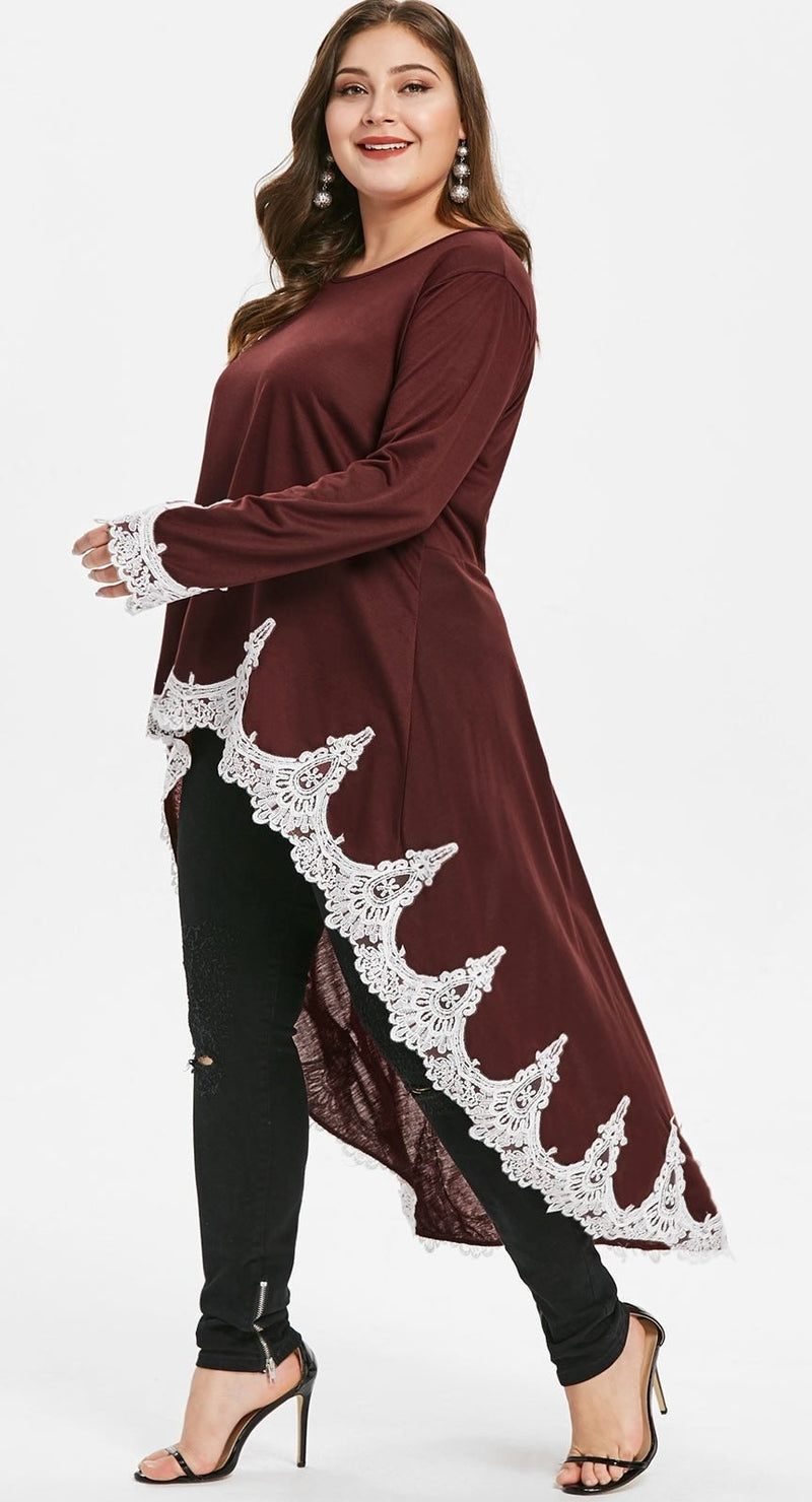 Plus Size Lace Panel Asymmetric Contrast T Shirt Women Long Sleeves