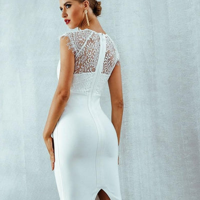 Women Bandage Sexy White Lace Short Sleeve Hollow Out Midi Club Evening Party Bodycon Dresses