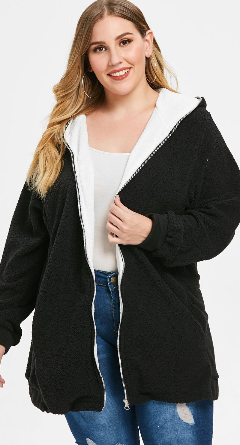 Autumn Winter Plus Size Hooded Zip Up Faux Fur Coat Female Zipper