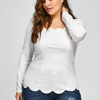 Women Plus Scalloped Square Neck Long Sleeve Top