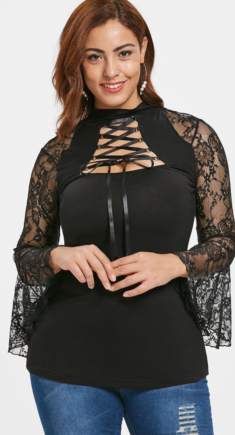 Plus Size Sheer Lace Insert Cut Out Lace Up T-Shirt