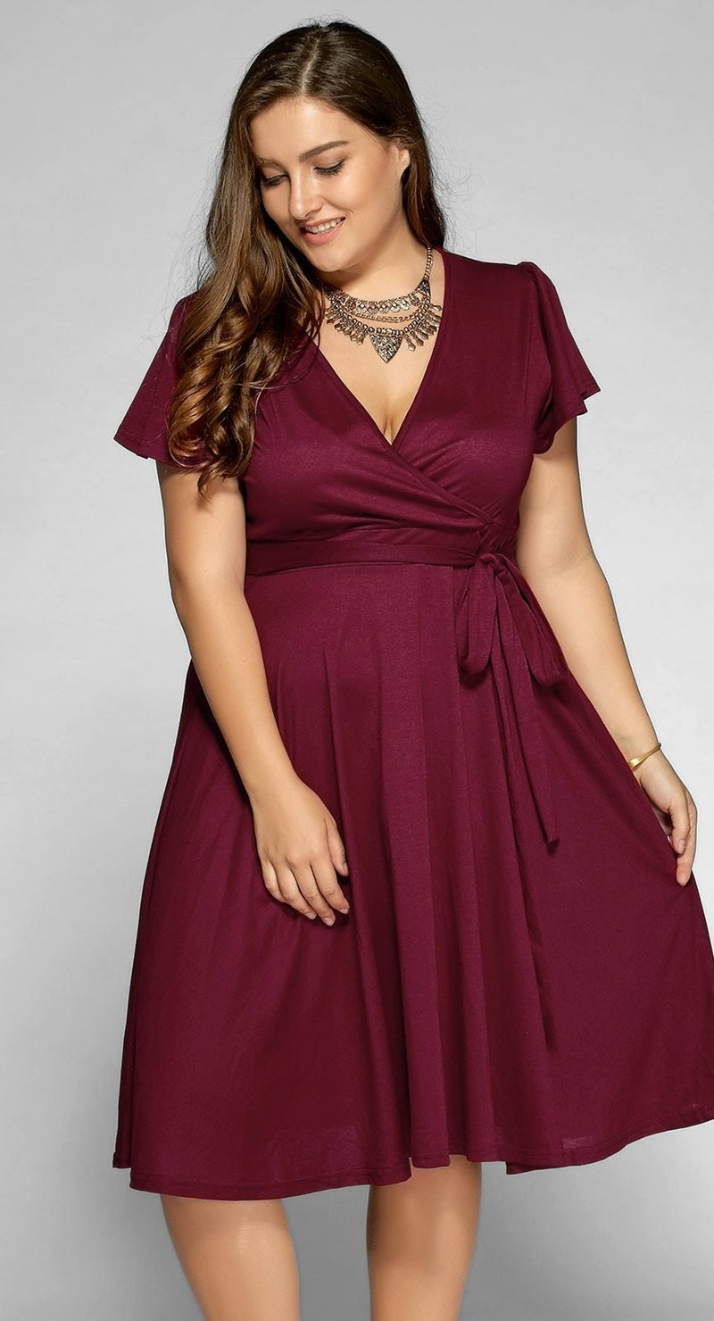 Plus Size V Neck Dress Vintage Office Work Midi Dress