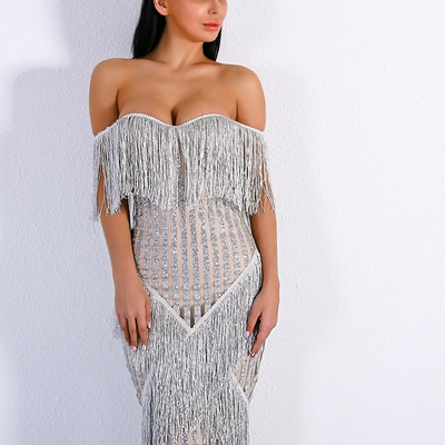 Sexy Off Shoulder Striped Glitter Dress