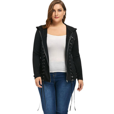 Women Double Lace-Up Plus Size Zip Up Hooded Coat