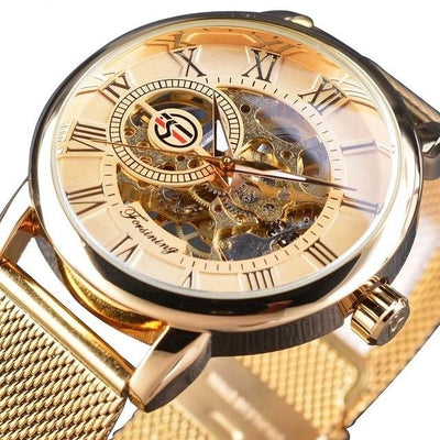 Transparent Case Fashion 3D Logo Engraving Golden Watch