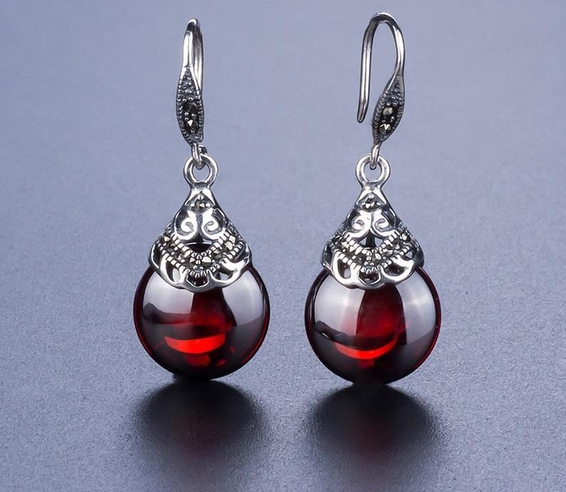 Retro Round Gemstone Garnet Silver Earrings