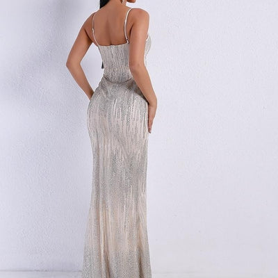 Sexy V Neck Off Shoulder Backless Glitter Sequin Dress
