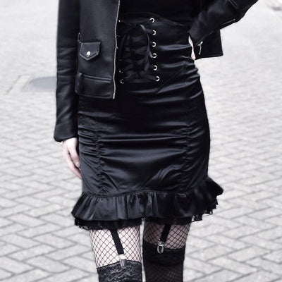 Gothic Bodycon Elegant Lace Bandage Pleated Zipper High Waist Skirt