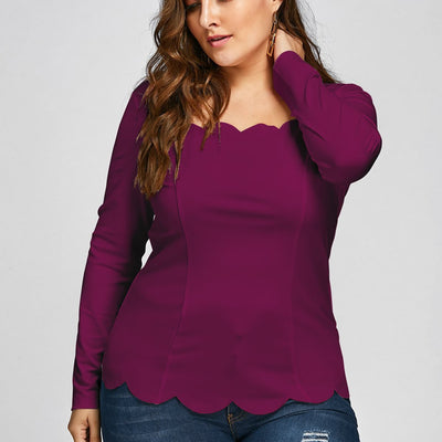 Women Plus Scalloped Square Neck Long Sleeve Top