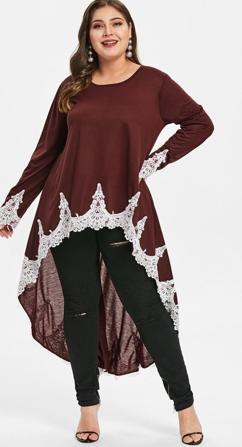 Plus Size Lace Panel Asymmetric Contrast T Shirt Women Long Sleeves