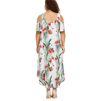 Plus Size Cold Shoulder Lace Trim Floral Dress