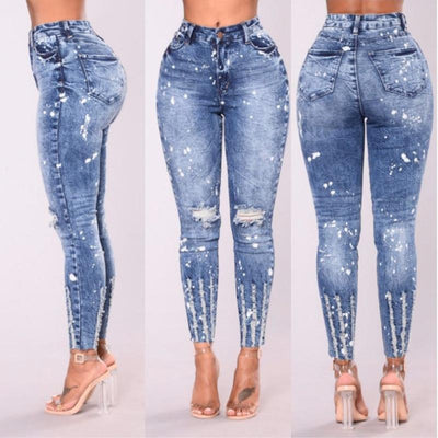 ripped High Waist Skinny Pencil Blue Denim Pants