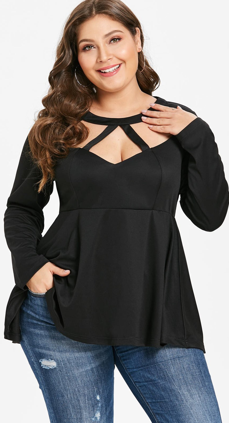 Plus Size Tops Women T Shirts Cutout Long Sleeves Peplum Tee Spring