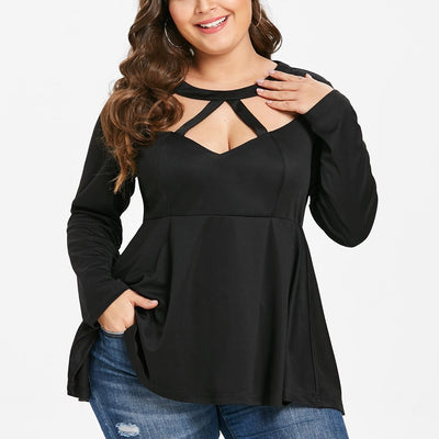 Plus Size Tops Women T Shirts Cutout Long Sleeves Peplum Tee Spring