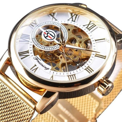 Transparent Case Fashion 3D Logo Engraving Golden Watch