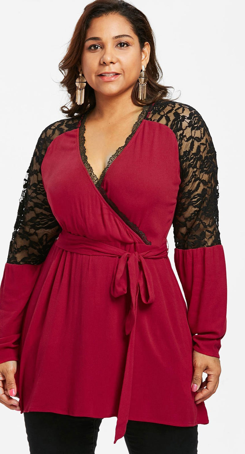 Plus Size V Neck Symmetric Lace Trim Shirt