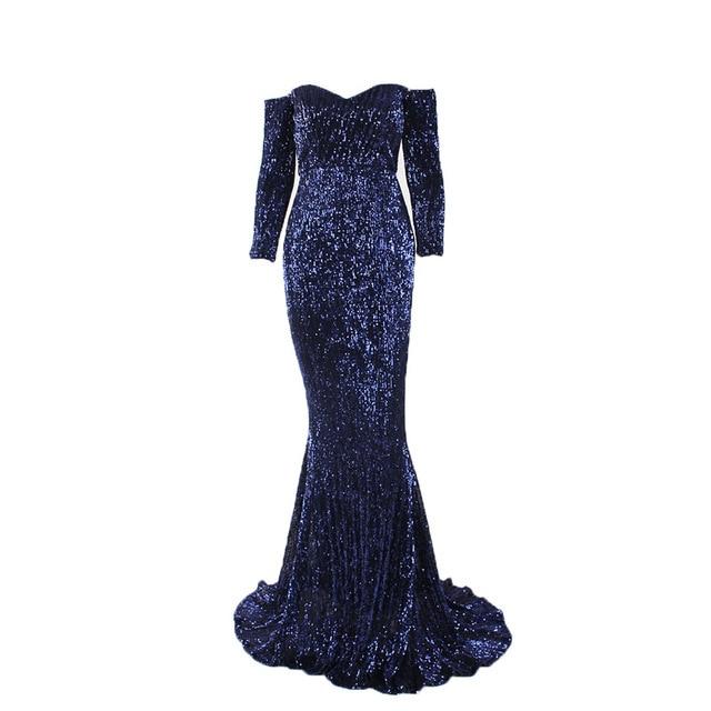 Champagne Gold Navy Blue Sequined Maxi Dress