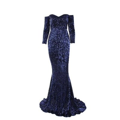 Champagne Gold Navy Blue Sequined Maxi Dress