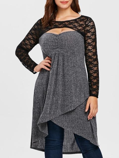 Plus Size Sexy Cut Out Lace Insert Asymmetrical Dress